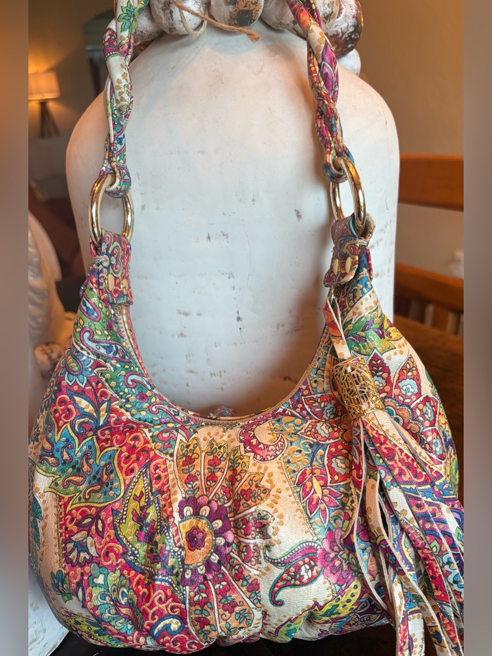 Inge Paisley Mini Hobo Bag | Boho Tapestry Shoulder Purse | Tassel Accent